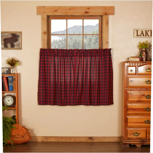 VHC Brands Cumberland Rustic Plaid Kitchen Curtains Tier Pair Rod Pocket Lined 100% Cotton Machine Washable