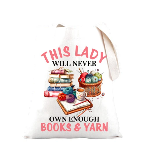 PLITI Funny Crochet Gift Knitting Gift Book Lover Gift This Lady Will Never Own Enough Books & Yarn Tote For Bookworm