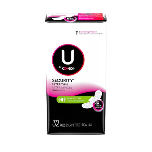 U by Kotex Security Ultra Thin Pads with Wings, Long, Unscented, 32 Count