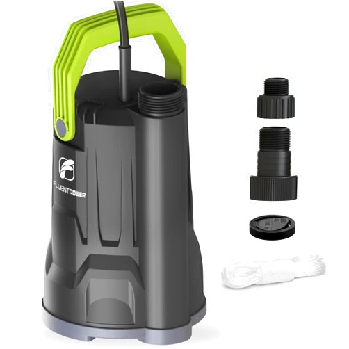 FLUENTPOWER Sump Pump, 1/2HP Submersible Water Pump, 2500GPH Utility Pump Manual Control for Swimming Pool Garden Pond Basement Draining, with 16.4Ft Cord, Adapters, Check Valve and Rope