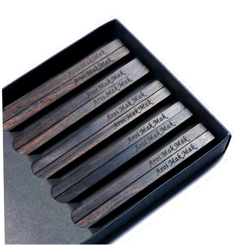Handmade 5 Pairs Natural Black Ebony African Blackwood Chopsticks Reusable With Custom Personalized Engraving - Matte Finish Without Varnish - Square Handles - Chinese or Japanese Style - Box Set New Year Gift