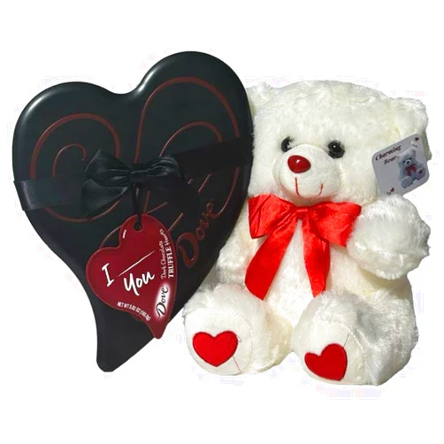B BBO Brand DOVE Dark Chocolate Truffle Hearts 17 count, 5.82 Ounce Valentine's Day Tin, and Teddy Bear