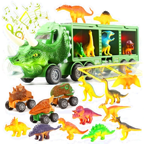 TOUNYSNG Dinosaur Toy Trucks for Kids - 28 Pack Pull Back Cars Set with Flashing Lights, Music,Roaring Sound,Dinosaur Car with Cars Launcher Track for Boys Girls Age 3 4 5 6 7 8 Year Old (Green)
