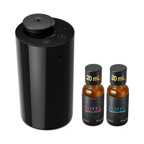 Airversa Waterless Essential Oil Diffuser Starter Kit with 2x20mL Hotel Fragrance Oils, Cordless Nebulizer for Car Home Office, Up to 600 sq ft, Mist/Timer Settings, Baterry Operated, AN6Kit-3, Black