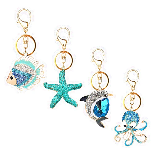 Bstedyas Bestdays 4 Pcs Cute Octopus & Starfish & Dolphin & Goldfish Crystal Keychain Ocean Animal Keyring Car & Bag Accessory Pendant Purse Charm