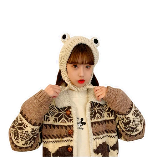 ANKOMINA Women Girls Frog Headband Hat Cute Crochet Knitted Winter Beanie Cap Big Eye Frog Earflap Ear Protective Photo Props