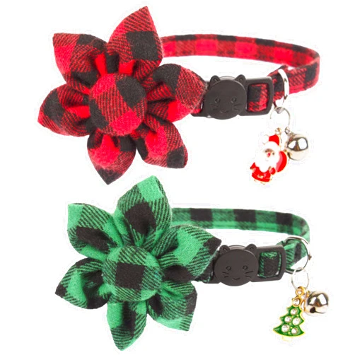 ADOGGYGO Christmas Cat Collars with Flower Bell, 2 Pack Breakaway Cat Christmas Collar with Removable Floral, Red Green Plaid Flower Collars for Cats (Red&Green-2)