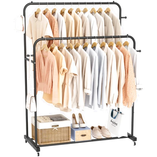 Laiensia Double Rods Garment Rack with Wheels, Clothing Rack for Hanging Clothes,4 Hooks, Multi-functional Bedroom Clothes Rack, Black
