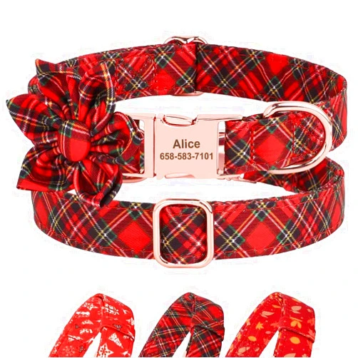 Beirui Cute Christmas Dog Collar with Removable Flower,Personalized Fall Dog Collar with Durable Metal Buckle,Holiday Girl Dog Collars for Small Medium Large Dogs(Plaid,M)