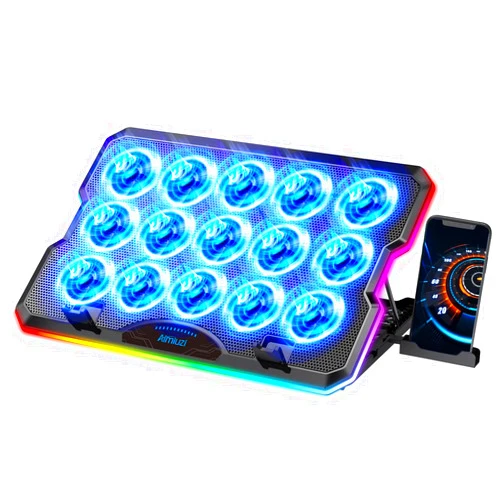 AIMIUZI Laptop Cooling Pad, Gaming Laptop Cooler with 15 Quiet Fans for 12-17.3 Inch Notebook, Slim Portable RGB Laptop Cooling Stand with 7 Height Adjustable,2 USB Ports, Phone Stand