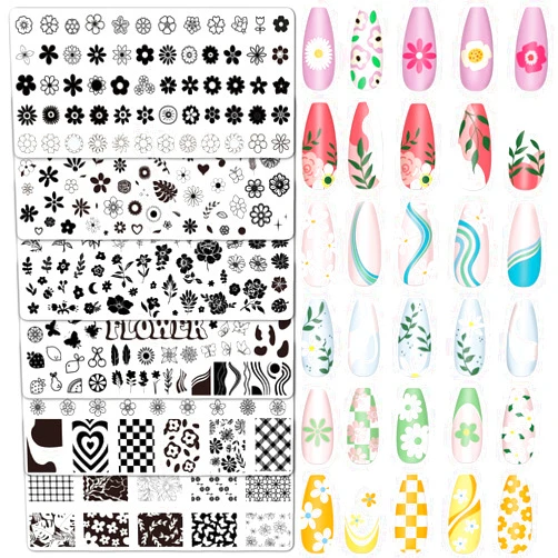 Whaline 6Pcs Simple Floral Nail Plates Stamping Set Flower Leaves Stamp Templates Nail Art Plates for DIY Print Manicure Salon Design Gift