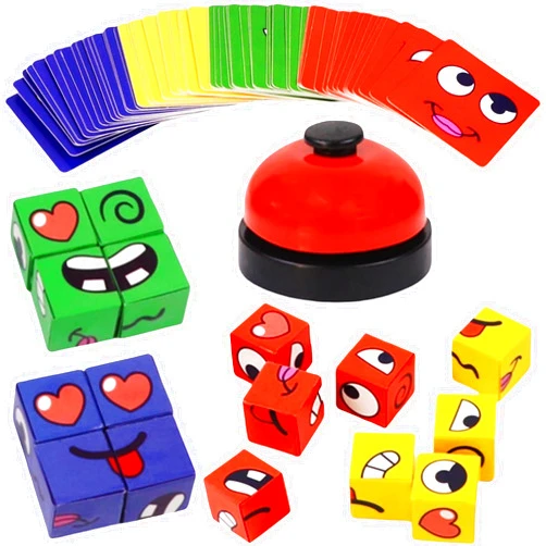 RAYBITU Face Changing Magic Cubes Game Face Blocks Game Face Change Cube Game Expression Matching Block Puzzles Building Cubes Toy Educational Puzzles Toy Family Board Games for Child & Adults (with Bell)