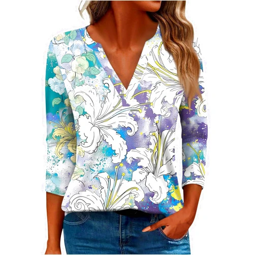 JWNYJFB Womens 3/4 Sleeve T Shirts Cute Floral Print Graphic Tees Summer Casual Loose V Neck T-Shirts Tops