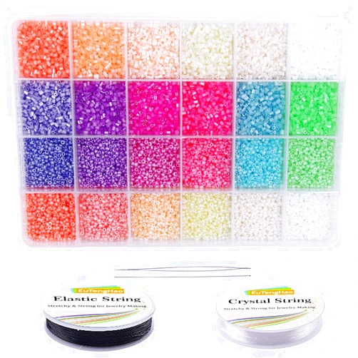 EuTengHao 16800pcs Tube Glass Seed Beads and Small Pony Beads Kit with Bracelet String Bugle Spacer Beads for DIY Bracelet Necklaces Handicrafts Jewelry Making Supplies (2mm,12/0,24 Colors)