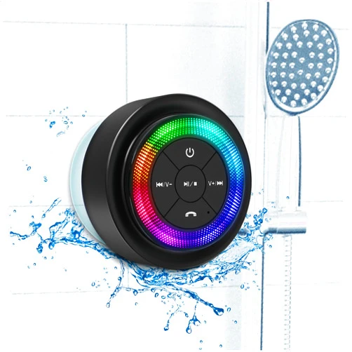 XLeader Shower Speaker, Upgraded,Certified IPX7 Waterproof, Mini Bluetooth Wireless Small Speaker with Lights, Suction Cup and Mic for Bathroom, Crystal Sound&Bass,12H Playtime, Ideal Electronic Gifts