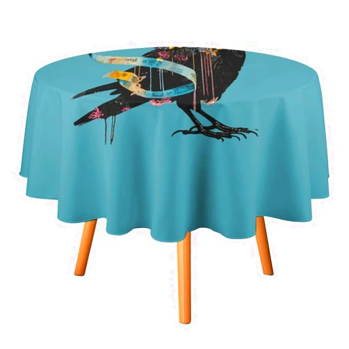 LJFABKY Floral Black Raven Blue Ribbon Round Tablecloth Polyester Table Cloth Washable Dining Table Cover for Kitchen Party Wedding Decoration