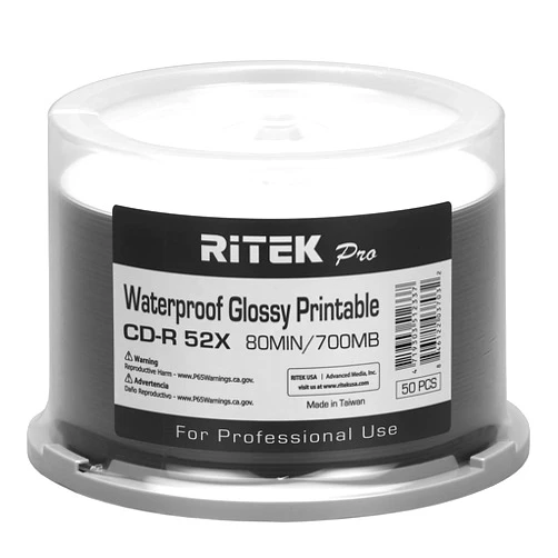 Ritek Pro 50 Pack Ritek Pro (Professional Grade) CD-R 52X 700MB Watershield Water Resistant Glossy White Inkjet Hub Printable Blank Recordable Disc,Light green,R80JS52-RTPWGN50CB