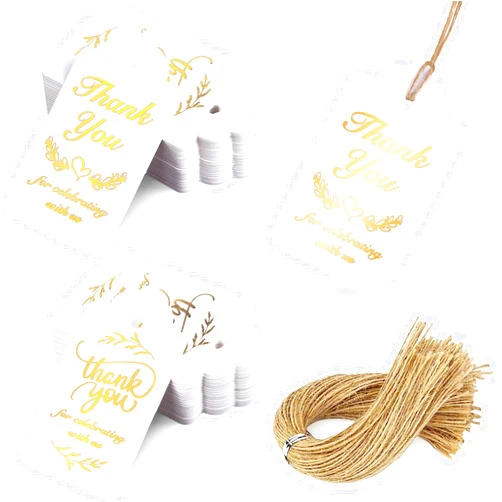 SallyFashion 100PCS Thank You Tags, Gold Stamp Gift Tags with Strings White Paper Tags Hanging Label for Wedding Bridal Party Baby Shower Invitation Thanksgiving
