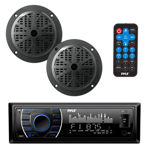 Pyle Marine Headunit Receiver Speaker Kit - In-Dash LCD Digital Stereo Built-in Bluetooth & Microphone w/ AM FM Radio System 5.25’’ Waterproof Speakers (2) MP3/SD Readers & Remote Control-PLMRKT46BK