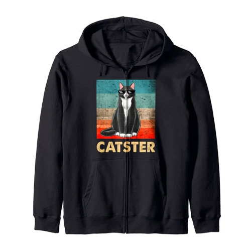 Funny Birthday Cat Gifts For Women I Love My Cat Catster Cats Gangster Costume Retro Vintage Gangster Cat Zip Hoodie
