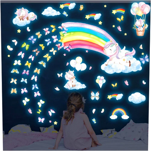 HSDSH Glow in The Dark Large Rainbow and Unicorn Wall Decals,Glowing Luminous Star Butterfly Wall Stickers Removable Rainbow Unicorn Decals for Girls Bedroom Baby Nursery Living Room Decoration