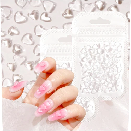 Furimuk 200 Pcs Clear Heart Nail Art Charms, 3D Mixed Size Love Hearts Rhinestones Flat Jelly Resin Crystal Jewelry Diamonds for Acrylic Nail Supplies, Women Craft DIY Manicure Decoration Accessories