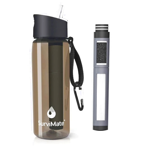 SurviMate 5-Stage 0.01μm Ultra-Filtration Filtered Water Bottle, BPA-Free Material, NSF/ANSI 42&372 Certified, Portable Water Filter Bottle for Survival, Camping, Hiking, and Emergency Use