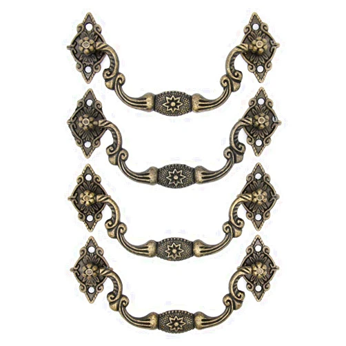 LXZ 4 PCs Vintage Antique Brass Bail Pull Handle for Wooden Drawer Cabinet Cupboard, Medium Size, Length 4.4