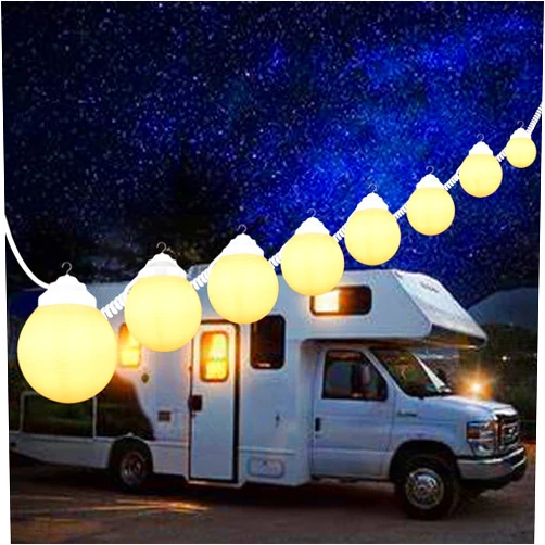 Encoidoz 30.5FT RV Globe Awning Lights - White Outdoor Patio String Lights - 8pcs 6in Diameter Acrylic Sunset Awning Lights with 6W A60 Filament LED Glass Bulbs (2700K, Warm White)