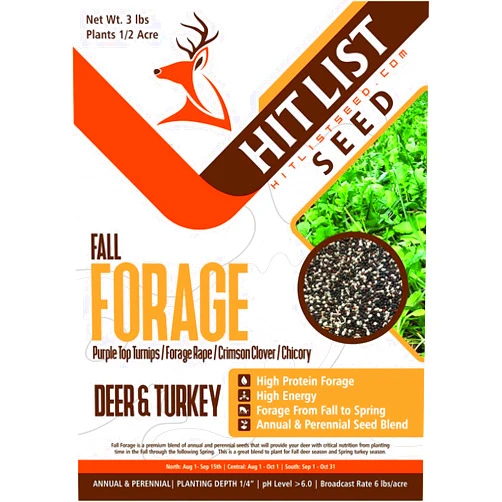 Hit List Seed Fall Forage Mix, 3 lbs (1/2 Acre) - Perfect Mix of Purple Top Turnips, Forage Brassica, Crimson Clover, & Chicory - Deer Food, Whitetail, Blacktail, Hunting, Pure, Natural, High Protein