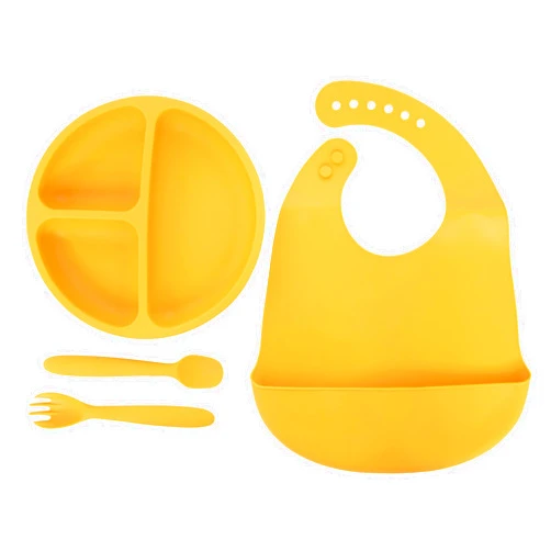 Lila & Jack- 4PC Silicone Baby Meal Set- BPA Free, Non Toxic, 100% Food Grade Silicone. Includes Sectioned Plate, Spork, Spoon, and Bib (Mustard),AT1748