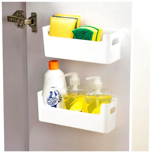 LANSKYWARE 2 Pack Cabinet Organizer Storage, Adhesive Over Cabinet Door Organizer, No Drilling Space Saver Plastic Storage Containers Multi-Use for Kitchen Bathroom Office Bedroom, White