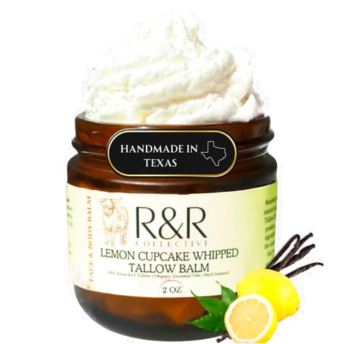 R&R Collective Handmade Tallow Balm (Lemon Cupcake)- 100% Grass Fed Beef Tallow for Skin Care- 100% Natural Whipped Tallow Balm- Sensitive & Dry Skin, Eczema, Psoriasis- 2 FL. oz