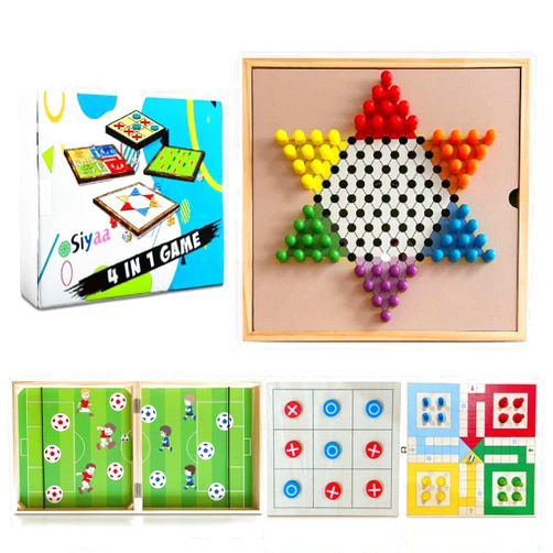 Siyaa Chinese Checkers Board Game Set -4-in-1 Fast Sling Puck Games for Adults, Wooden Tic Tac Toe Game for Kids, Parchis Game Original Ludo, Tabletop Outdoor Games, Camping Games for Families