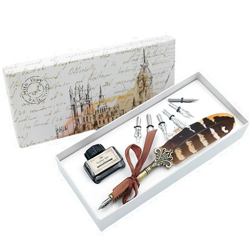hhhouu Feather Pen and Ink Set, Quill Pen Set Antique Dip Pen with Ink and 6 Replacement Nibs 6pcs Nibs Calligraphy Pens for Beginners HO-Q-300