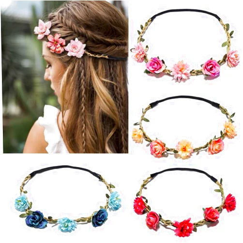 HANSAMU 4Pcs Flower Crowns Floral Headbands Garland Adjustable Boho Bridal Bridesmaid Women Girls Teens Kids Headpiece for Hawaiian Party Wedding Beach Festival