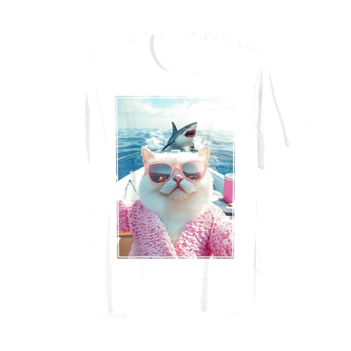 Cool Surreal Chill Cats Retro Kitten Aesthetic Relaxed Cat on a Yacht Boat with Shark Funny Cat Meme T-Shirt