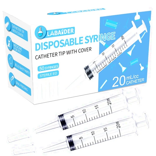 LabAider 50 Pack 20mL Syringe Catheter Tip with Covers, Large Plastic Syringes for Jello Shots Syringe Party, Liquid, Oral, Feeding Pet, Food, Dispensing- Individually Sterilized Sealed