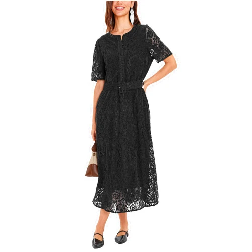 D-Sun Women Short Sleeve Floral Lace Dress V Neck Button Down Belted Elegant Party Cocktail Mid A-Line Dress with Pockets