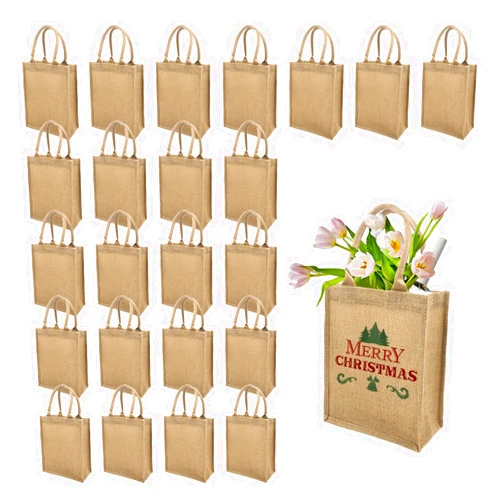 WHEATHUSK 24 Pack Burlap Tote Gift Bags Jute Bags with Handles Bridesmaid Tote Bag Reusable Canvas Burlap Beach Bags Bulk for Wedding Travel DIY Craft Handbags, 11 x 9.6 x 4.7 Inch