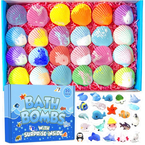 Kims cosiart Bath Bombs for Kids with Surprise Marine Animals Inside, 20 Shell Kids Bath Bombs Gift Set, Handmade Bubble Bath Fizzes Bomb for Chrildren Birthday Christmas and Party Favor