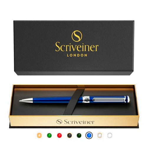 Scriveiner Midnight Blue Ballpoint Pen - Stunning Blue Lacquer Luxury Pen, Chrome Finish, Schmidt Black Refill, Best Ball Pen Gift Set for Men & Women, Professional Executive Office, Nice Designer Pen