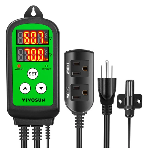 VIVOSUN Humidity Controller, 1200W Dual-Stage Outlet, Pre-Wired Digital Humidistat with Dual LED Displays for Humidifier/Dehumidifier/Fan, Ideal for Greenhouse, Grow Tent, Home-Brewing, Mushroom
