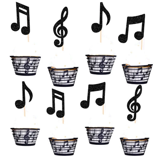 ZHUOWEISM 32PCS Music Notes Cupcake Toppers and Wrappers Glitter Musical Symbols Cupcake Picks for Rock Music Theme Baby Shower Kids Birthday Party Cake Decorations Supplies