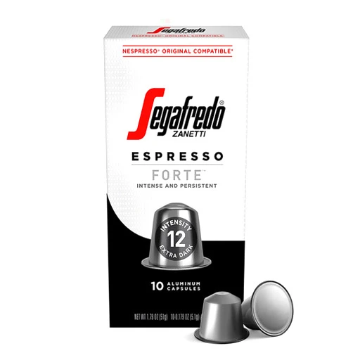 Segafredo Zanetti Forte Espresso Capsules, Extra Dark Roast, Intensity 12, Compatible with Nespresso Original Machines, 10 Count Aluminum Pods