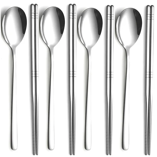 Tiokin Spoon and Chopsticks Set, 4 Pair Stainless Steel Metal Chopsticks Spoon Set,4 Set Korean Chopsticks and Spoons, Reusable Flat Long handle Chopstick Spoon Set for Home, Kitchen or Restaurant