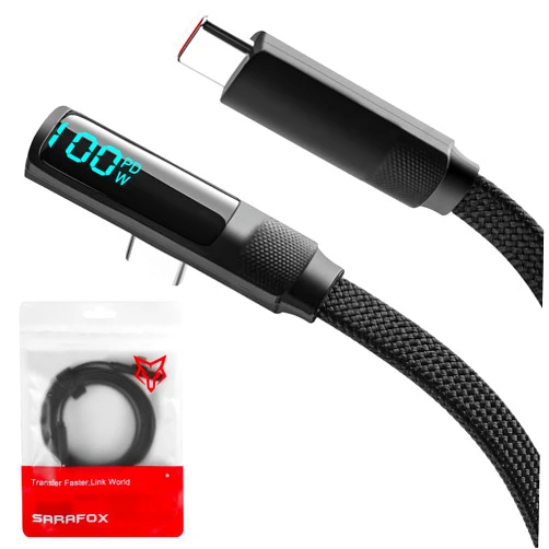 Rinsfox 100W Charging Cable Esports Gaming Design, with Smart Display, USB C to USB C, 4.2FT/1.3M Long, E-Marker Chip, 480Mbps Data Transfer Speeds,L Connectors for Phone, Tablets