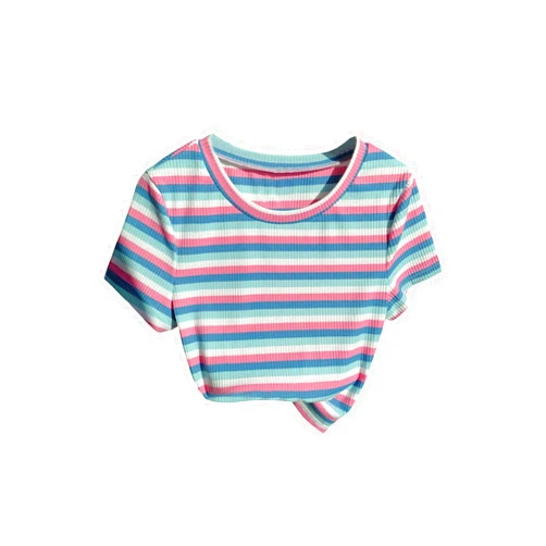 WDIRARA Women's Colorful Striped Short Sleeve Tee Shirt Y2k Crewneck Ribbed Knit Crop Tops