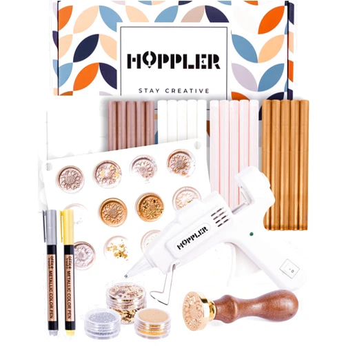 Hoppler Premium Wax Seal Kit with Sealing Wax Gun, Wax Seal Sticks, Wax Seal Stamp, 12 Cavity Silicone Wax Seal Mold, and Extra Additions to Make Seals Stand Out and Make Invitations in Bulk.