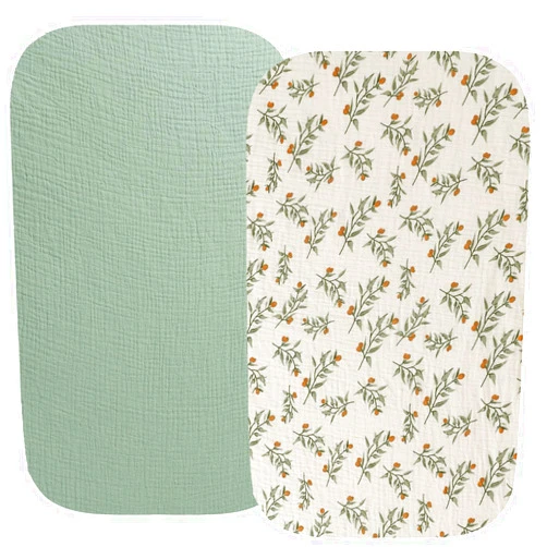 Fadacudan Muslin Bassinet Sheet Compatible with ANGELBLISS Koolerthings (3 in 1), Pamo Babe 2in1 and Ihoming Bedside, 2 Pack Cotton Fitted Roman Green & Botanical Leaf